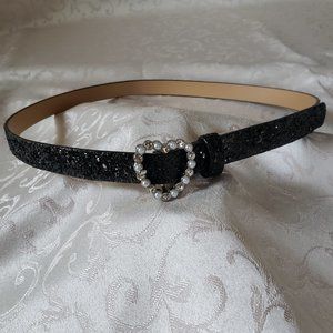 Black Sparkly Belt with Pearl and Rhinestones Heart Buckle